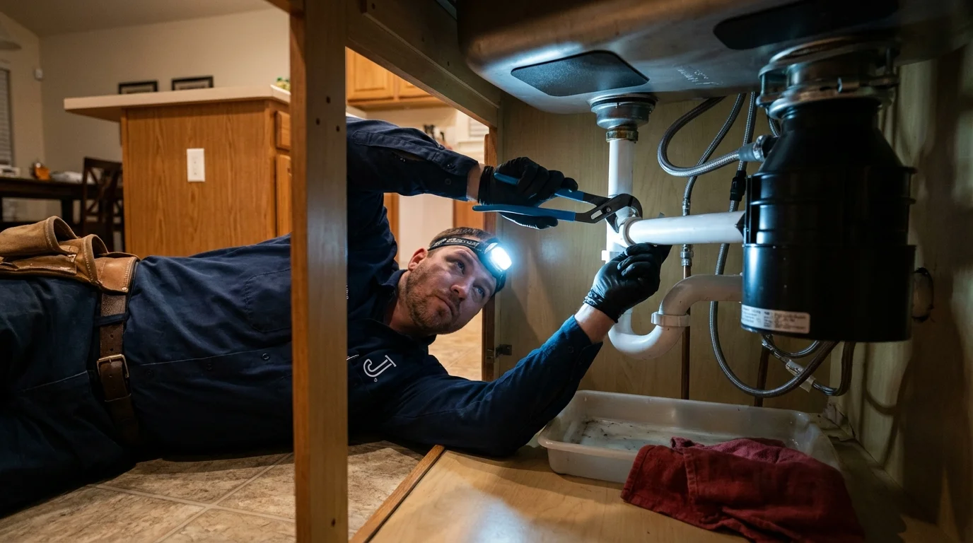 P-trap and supply line connections under a kitchen sink showing a common leak point in Independence, LA